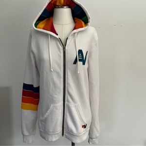 Aviator Nation XXL white zip up hoodies with rainbow strips and hood